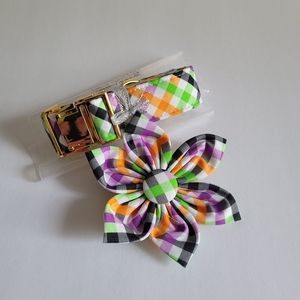 Dog Collar with Flower Colorful Plaid Size Large